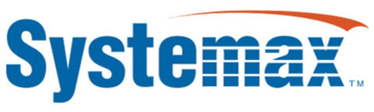 Logo of Systemax featuring the name in blue with an orange arc above it.
