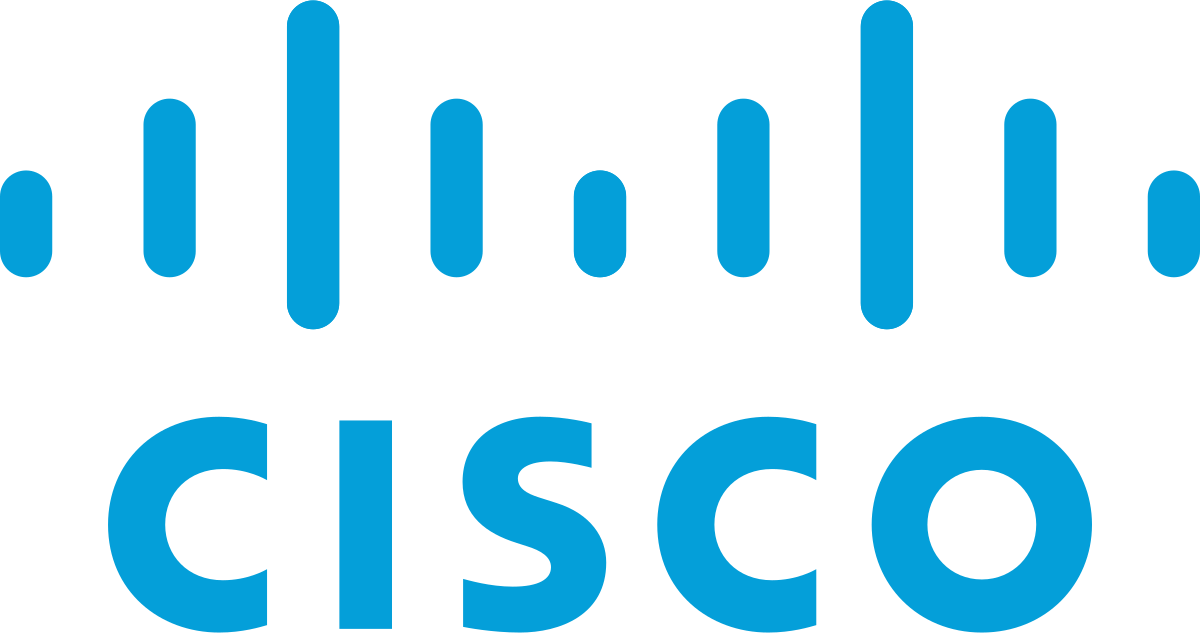Cisco logo featuring stylized blue lines and the word 'Cisco' in bold letters.